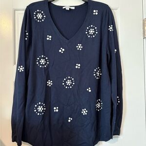 Chico's Dark Blue light weight Sweater with White Dot Design. NWOT